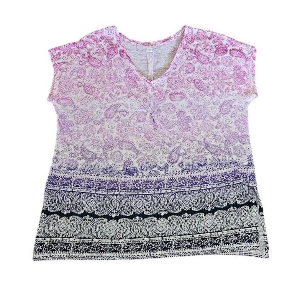 J. Jill Love Linen Top Shirt Women Large Petite Pink Purple Ombre Paisley V-Neck